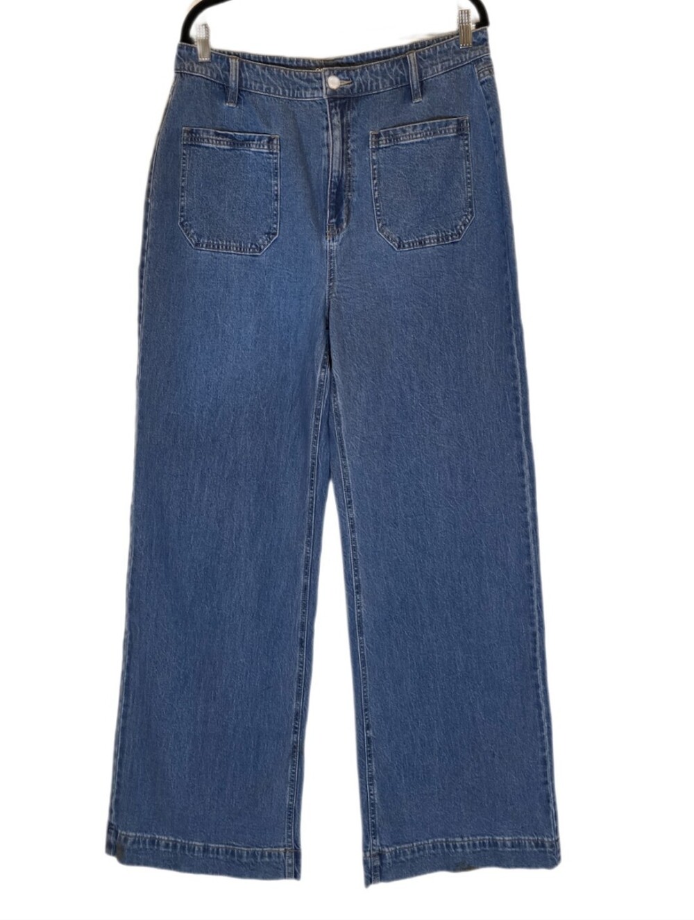 On 34th Macy's Wide Leg Patch Pocket Jeans Blue High Rise Size 14 32 Inseam